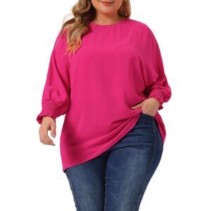 Plus Size Chiffon Tops Batwing Ruffle Elbow Sleeve Loose Shirts Hot Pink